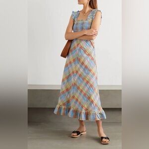 GANNI- Checked Seersucker Ruffle Hem Dress. Size 38 or US 6